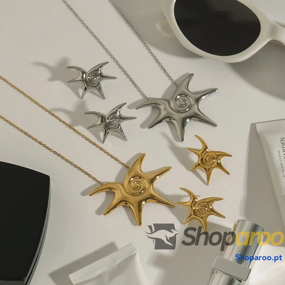 Conjunto de brincos e colar sol em ouro 18K banhado