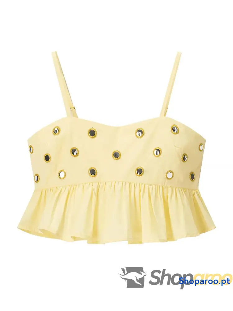 Conjunto de camisola com ilhós e saia bolha