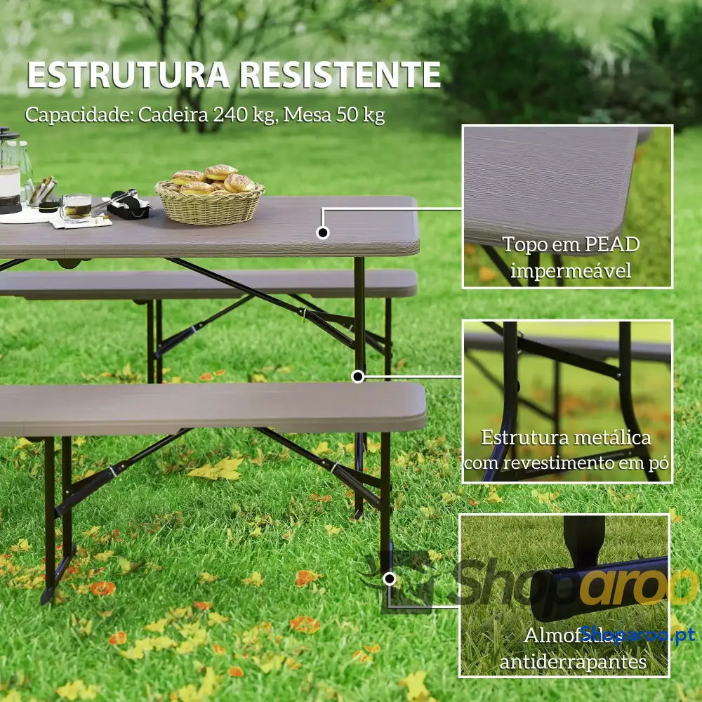 Conjunto de Campismo Dobrável 3 Peças Inclui 1 Mesa 180x74x74 cm e 2 Bancos 182x28x42 Efeito Madeira Castanho