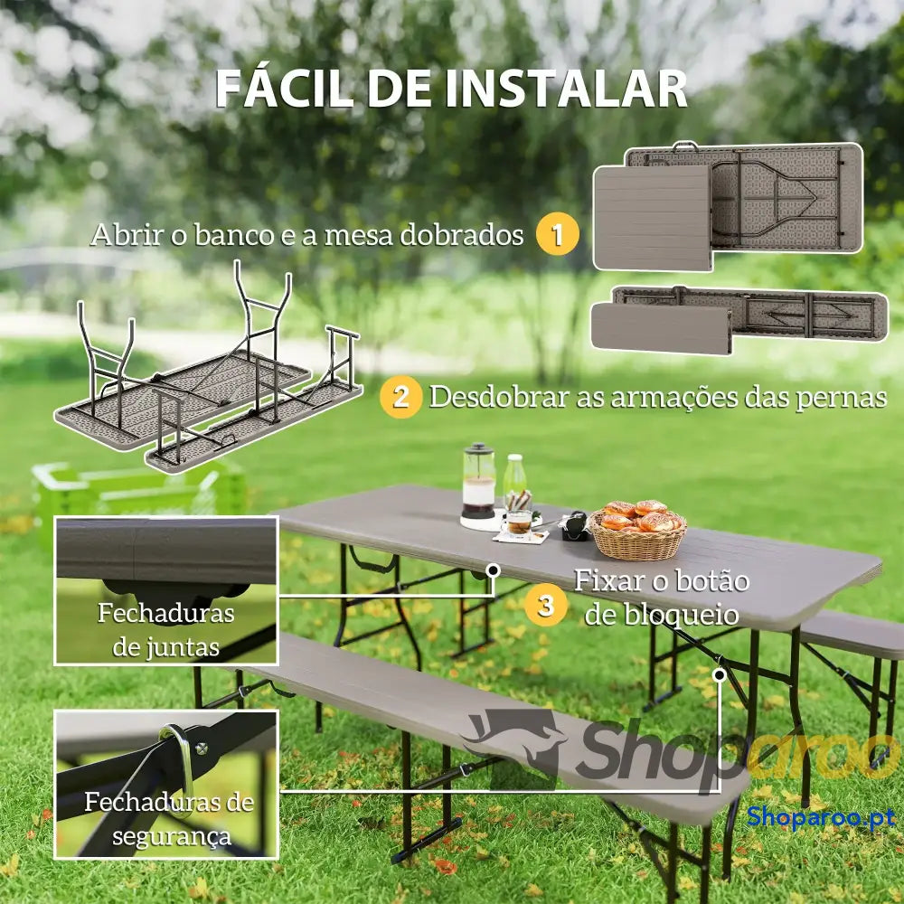 Conjunto de Campismo Dobrável 3 Peças Inclui 1 Mesa 180x74x74 cm e 2 Bancos 182x28x42 Efeito Madeira Castanho