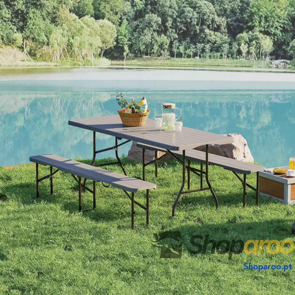 Conjunto de Campismo Dobrável 3 Peças Inclui 1 Mesa 180x74x74 cm e 2 Bancos 182x28x42 Efeito Madeira Castanho