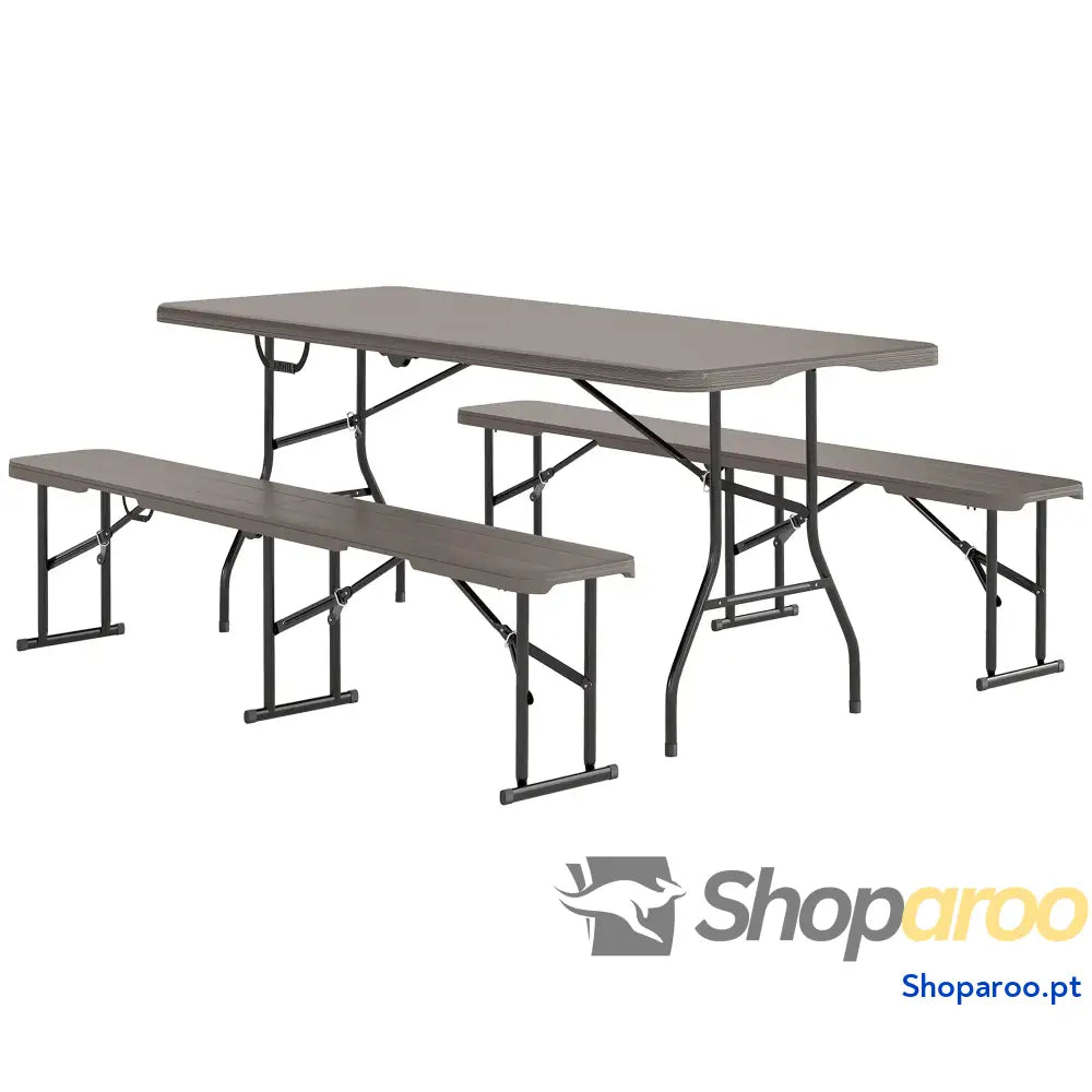 Conjunto de Campismo Dobrável 3 Peças Inclui 1 Mesa 180x74x74 cm e 2 Bancos 182x28x42 Efeito Madeira Castanho