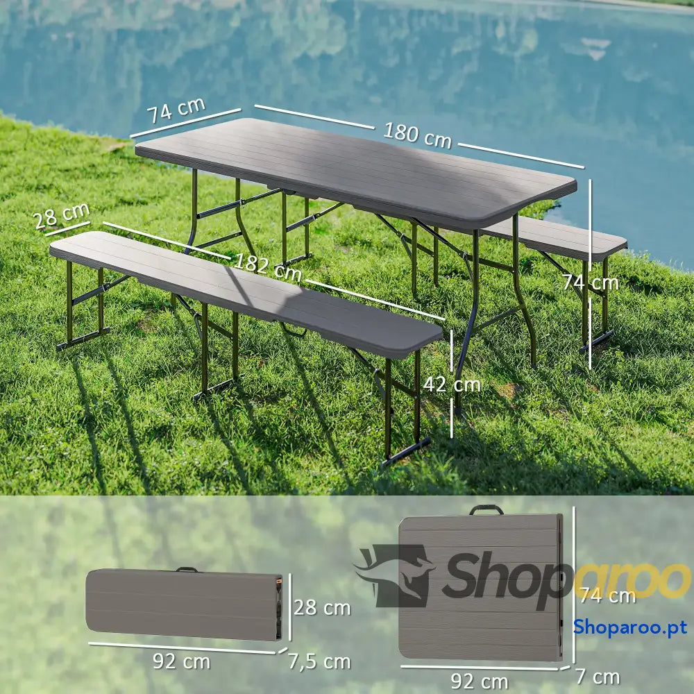 Conjunto de Campismo Dobrável 3 Peças Inclui 1 Mesa 180x74x74 cm e 2 Bancos 182x28x42 Efeito Madeira Castanho