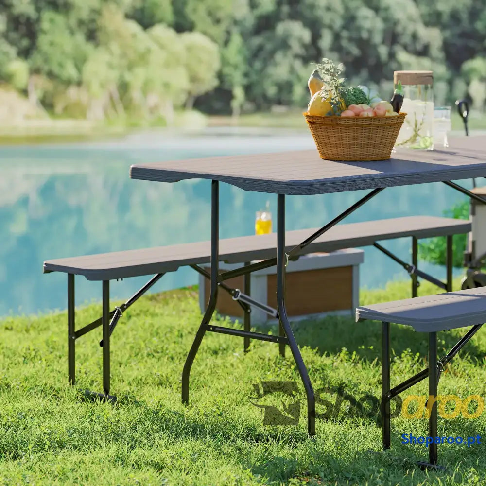 Conjunto de Campismo Dobrável 3 Peças Inclui 1 Mesa 180x74x74 cm e 2 Bancos 182x28x42 Efeito Madeira Castanho