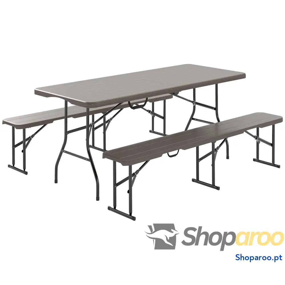 Conjunto de Campismo Dobrável 3 Peças Inclui 1 Mesa 180x74x74 cm e 2 Bancos 182x28x42 Efeito Madeira Castanho