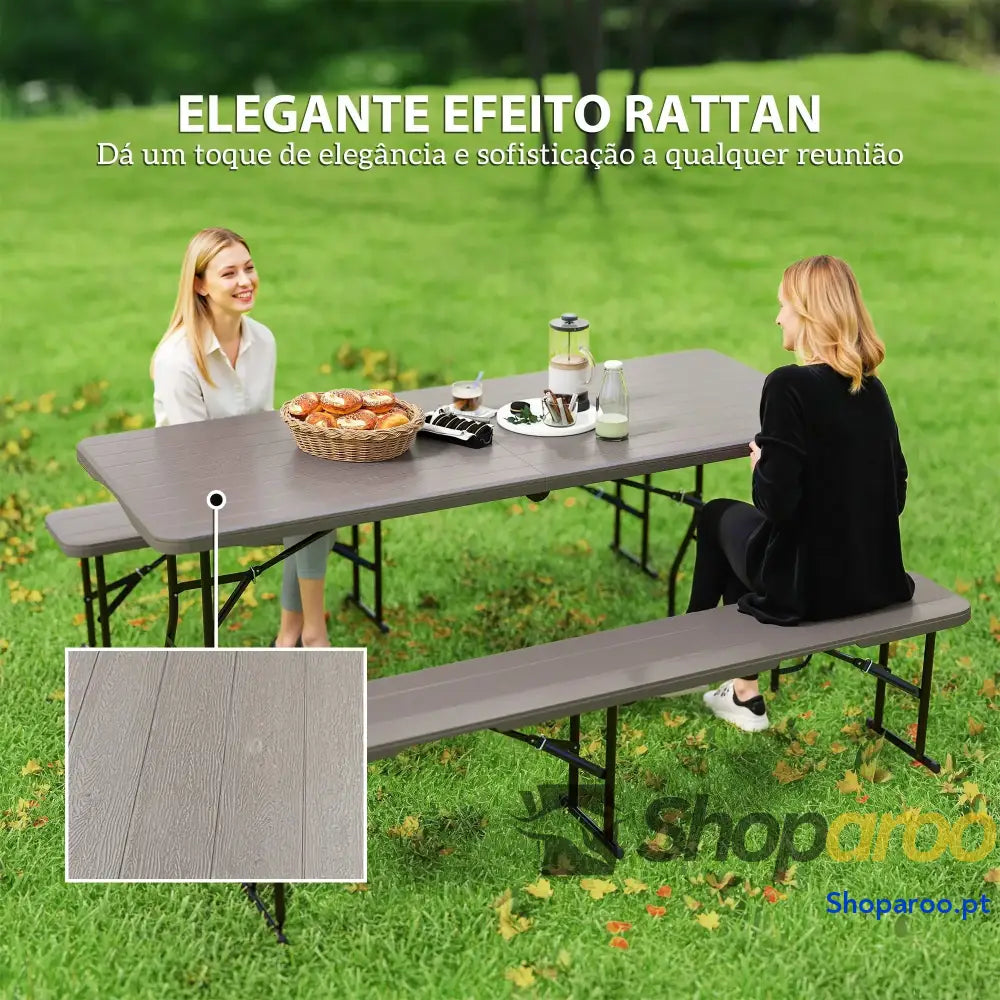 Conjunto de Campismo Dobrável 3 Peças Inclui 1 Mesa 180x74x74 cm e 2 Bancos 182x28x42 Efeito Madeira Castanho