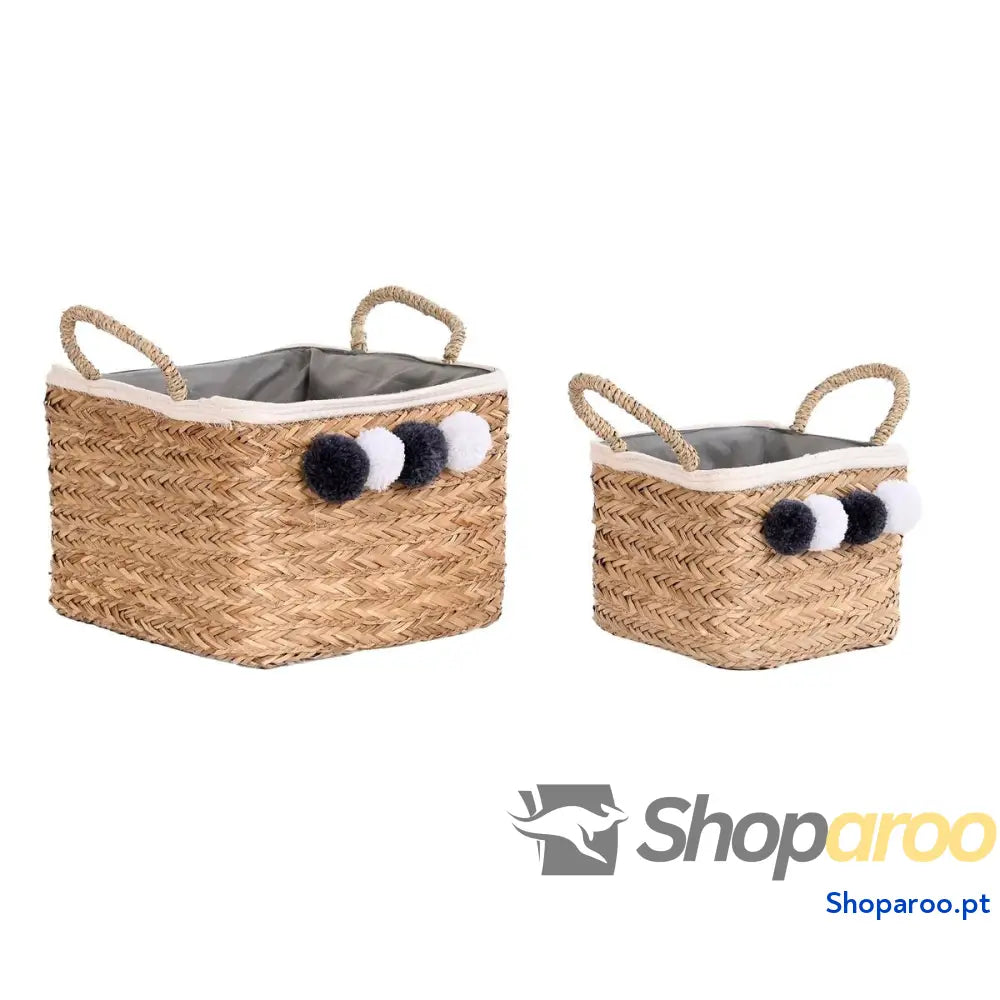 Conjunto de Cestas DKD Home Decor Fibra natural Pompons 33 x 25 cm