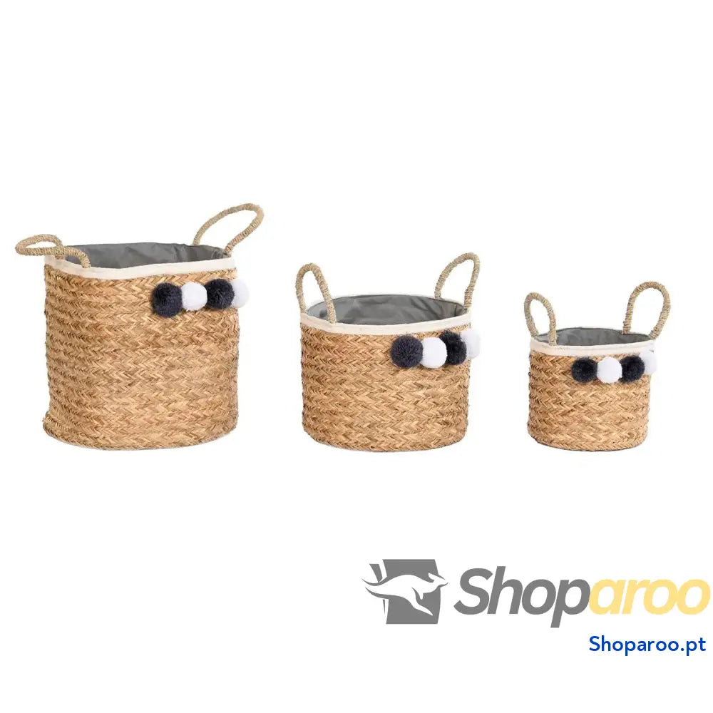Conjunto de Cestas DKD Home Decor Fibra natural Pompons 40 x 35 cm 41 37 36