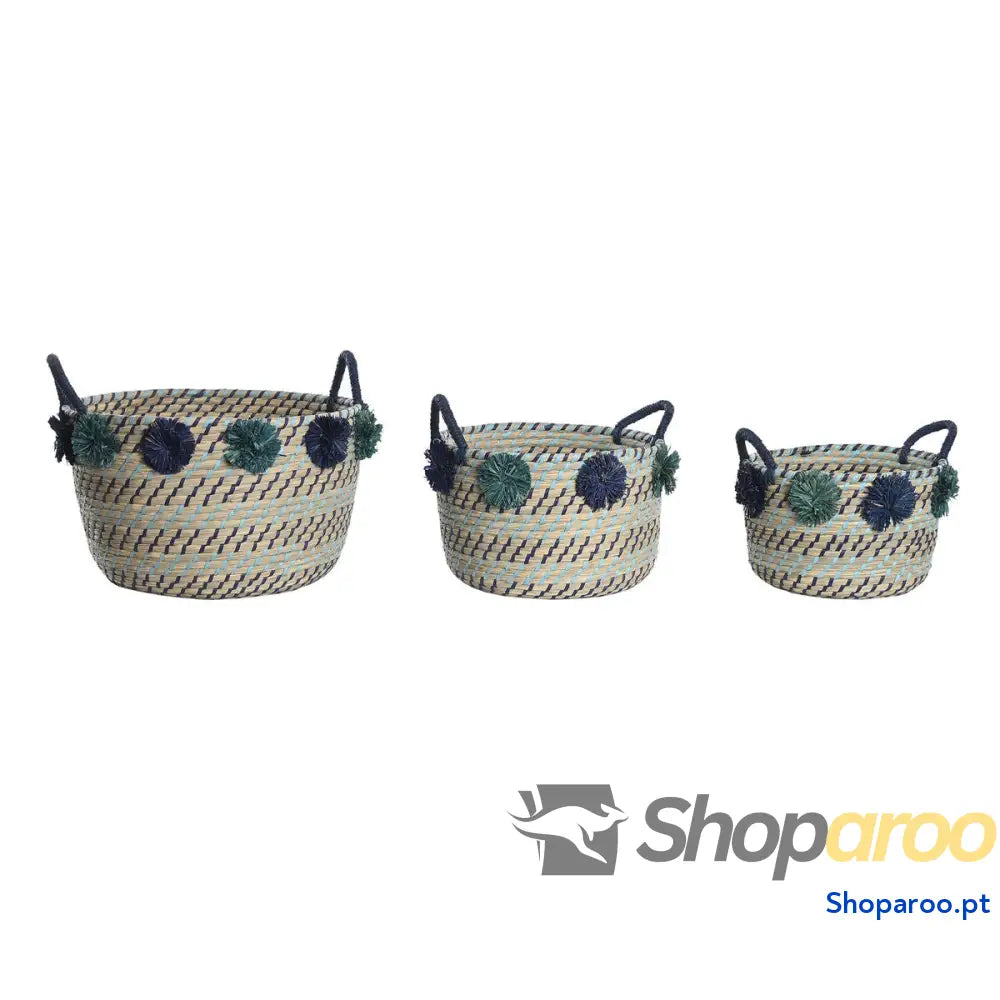 Conjunto de Cestas DKD Home Decor Polipropileno Pompons 46 x 44 34 cm