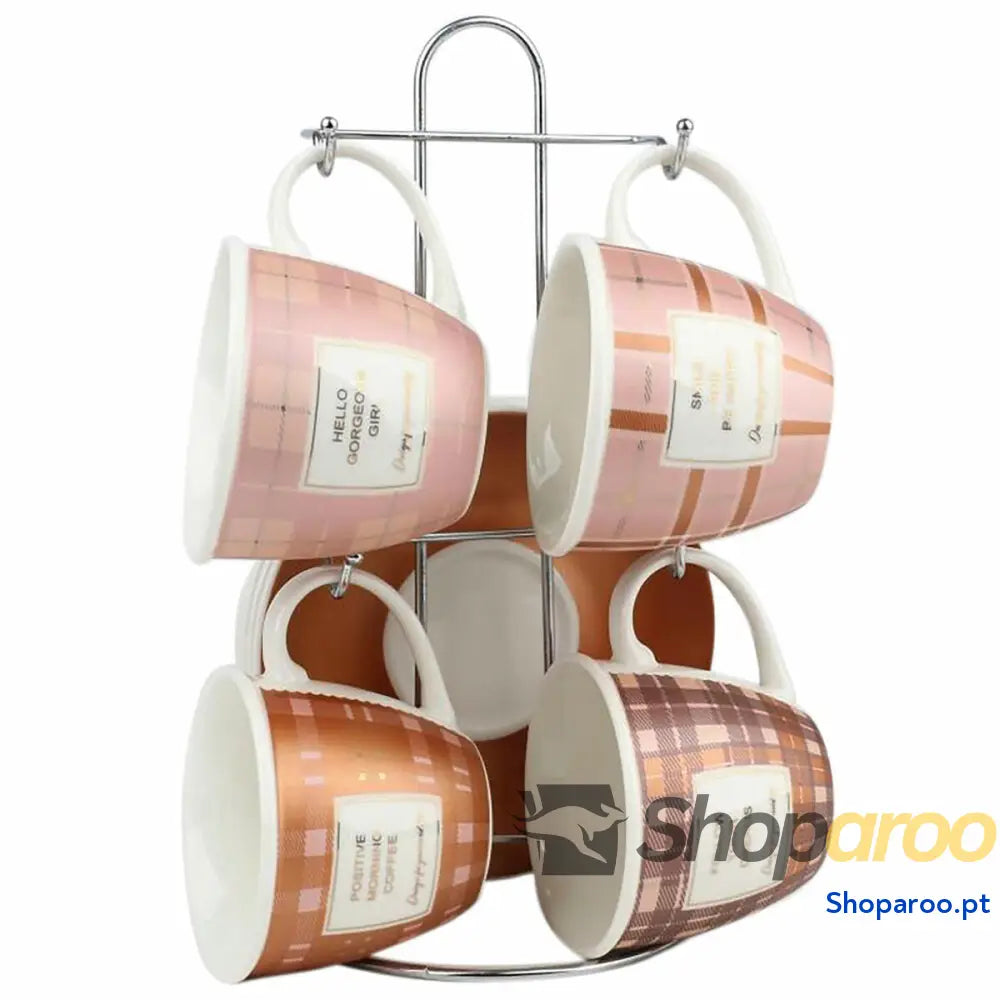 Conjunto de Chávenas Café DKD Home Decor Branco Castanho Cor Rosa Metal Porcelana 210 ml