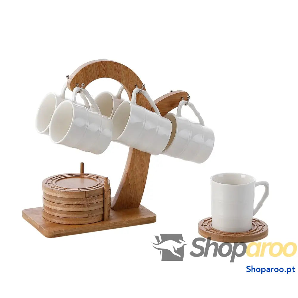 Conjunto de Chávenas Café Home ESPRIT Branco Natural Bambu Porcelana 90 ml