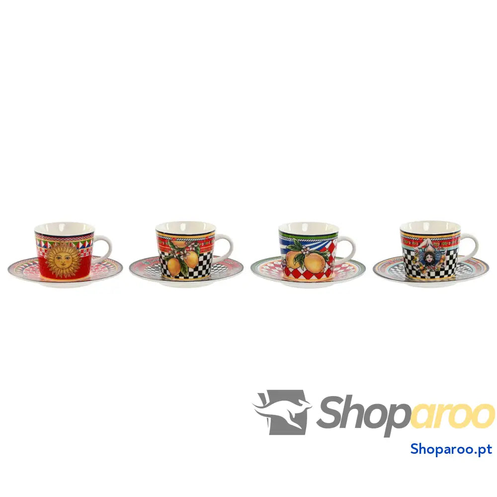 Conjunto de Chávenas com Pratos Home ESPRIT Amarelo Vermelho Porcelana 12,5 x 1,5 cm (4 Unidades)
