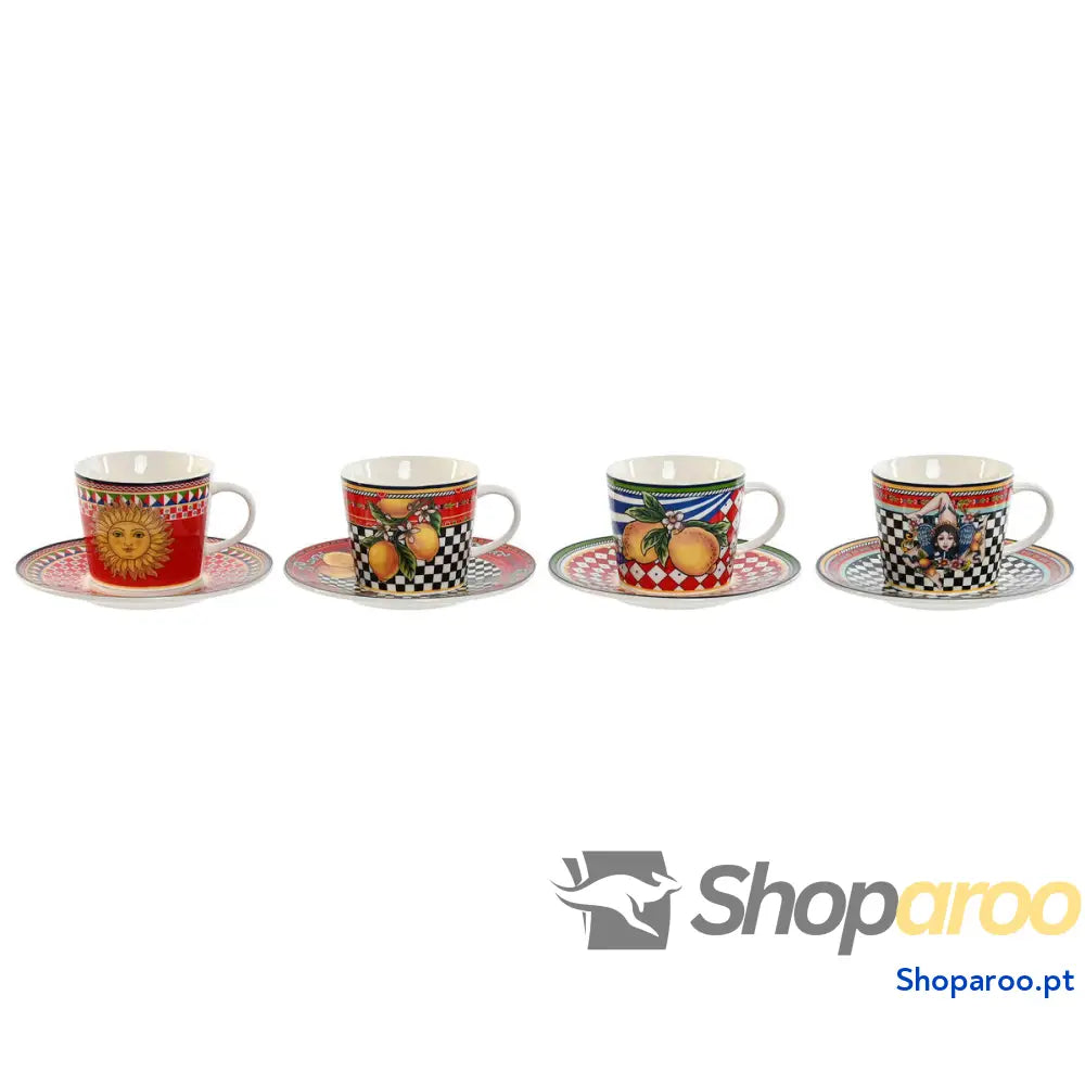 Conjunto de Chávenas com Pratos Home ESPRIT Amarelo Vermelho Porcelana 220 ml 15,6 x 1,7 cm (4 Unidades)