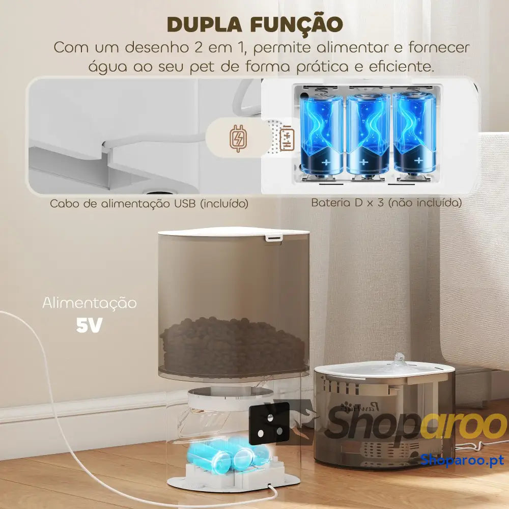 Conjunto de Comedero Automático e Bebedouro Silencioso para Cães Gatos com Controlo por App (1 10 Refeições Dia) Branco