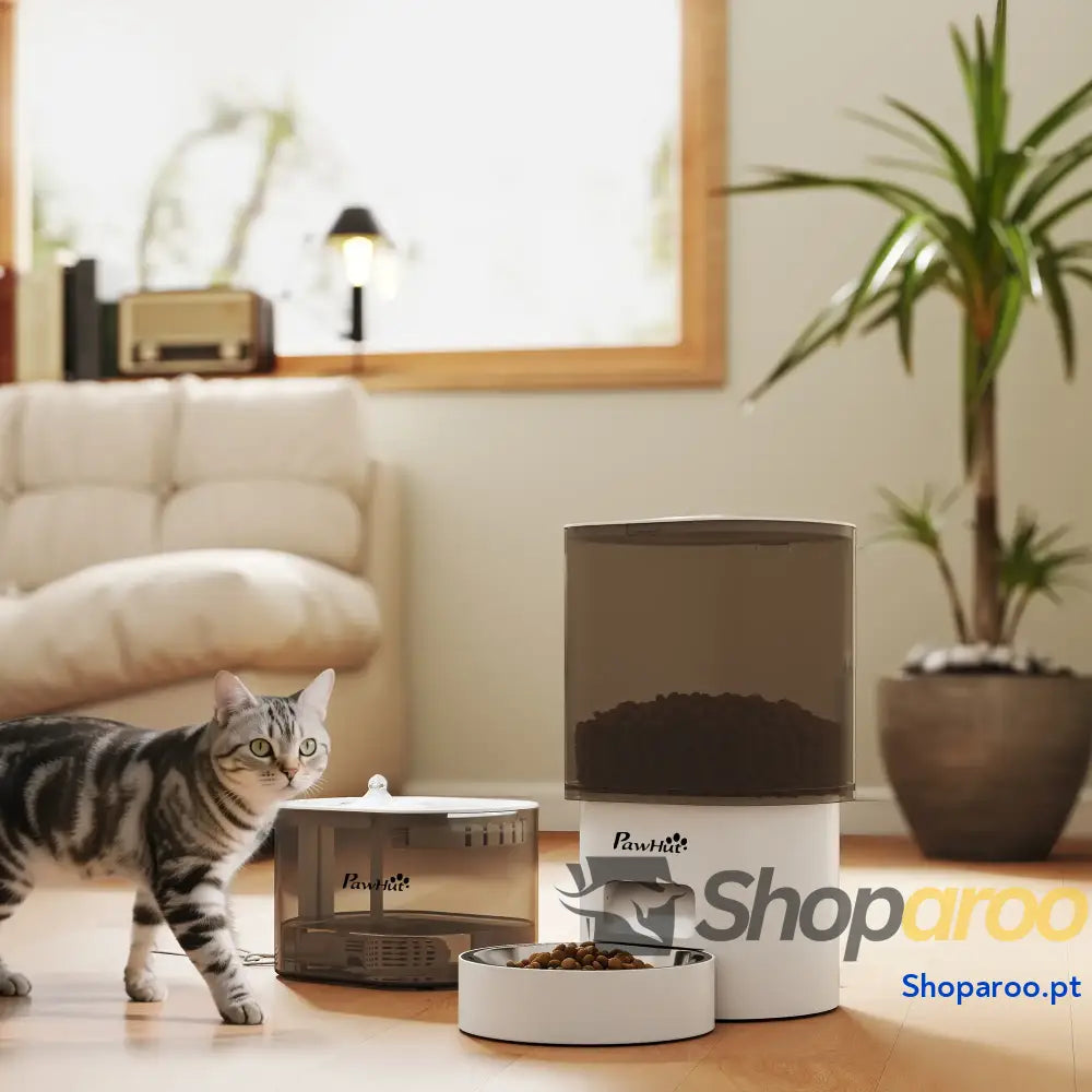 Conjunto de Comedero Automático e Bebedouro Silencioso para Cães Gatos com Controlo por App (1 10 Refeições Dia) Branco