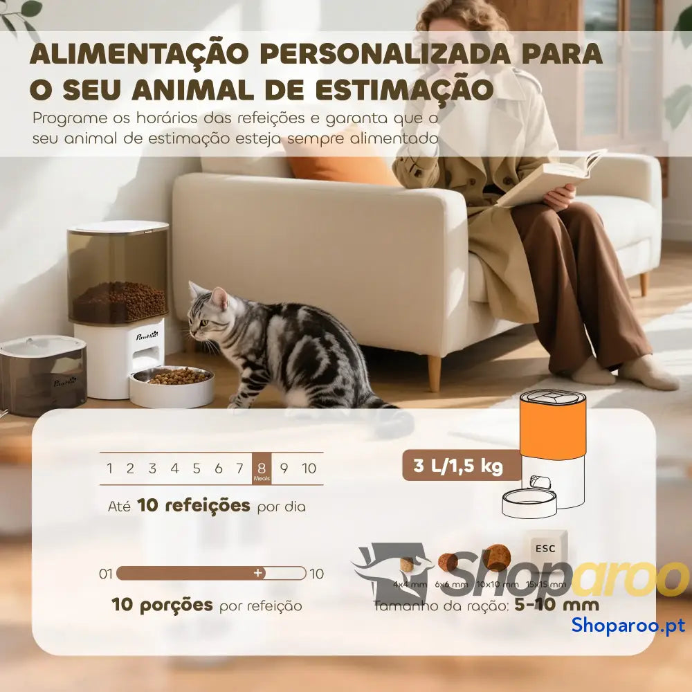 Conjunto de Comedero Automático e Bebedouro Silencioso para Cães Gatos com Controlo por App (1 10 Refeições Dia) Branco