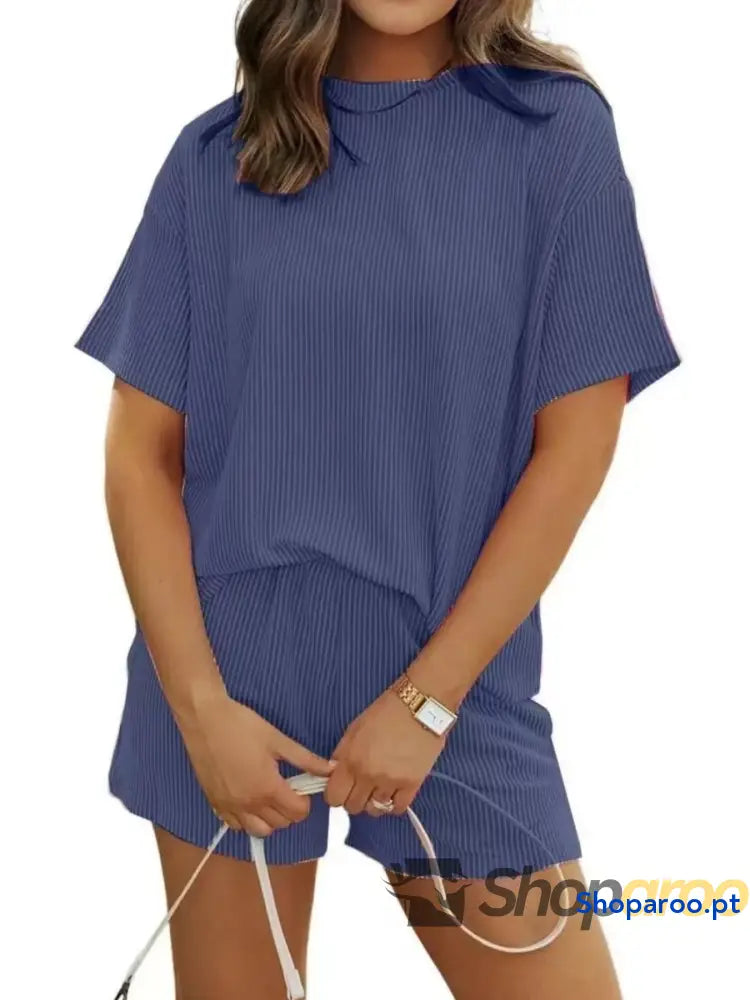 Conjunto de duas peças blusa e calções manga curta canelados tamanho grande plus size