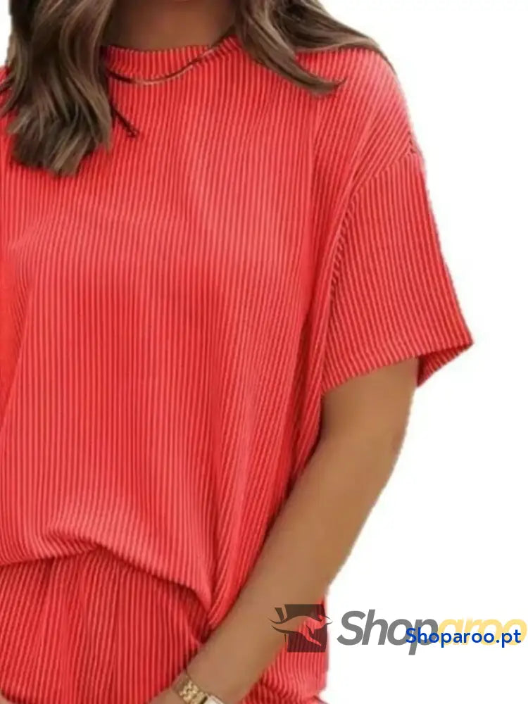 Conjunto de duas peças blusa e calções manga curta canelados tamanho grande plus size
