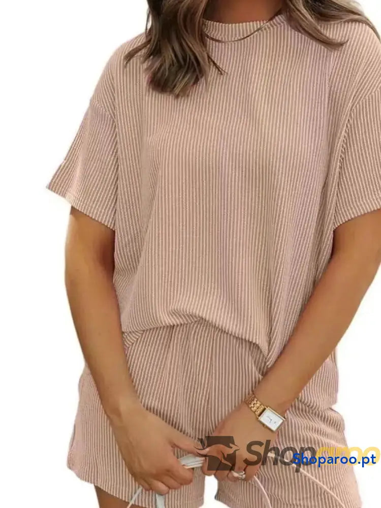 Conjunto de duas peças blusa e calções manga curta canelados tamanho grande plus size