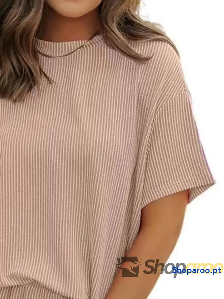 Conjunto de duas peças blusa e calções manga curta canelados tamanho grande plus size