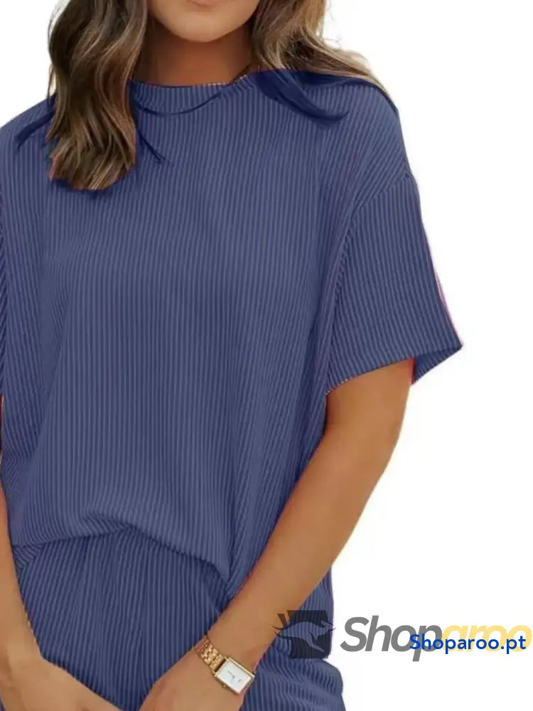 Conjunto de duas peças blusa e calções manga curta canelados tamanho grande plus size