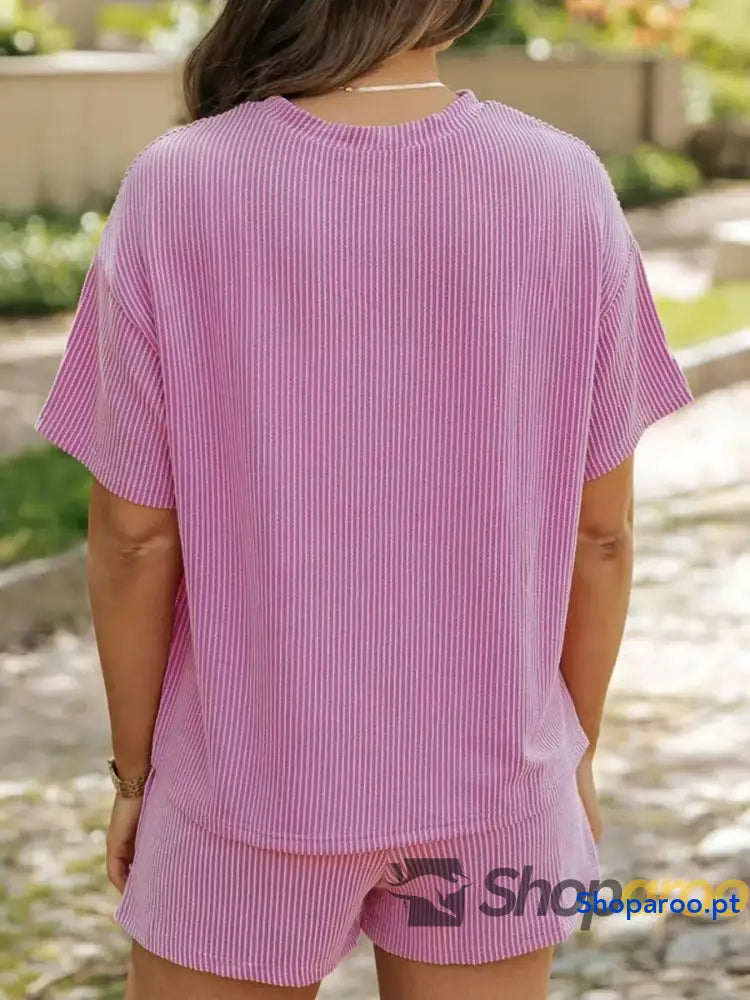 Conjunto de duas peças blusa e calções manga curta canelados tamanho grande plus size