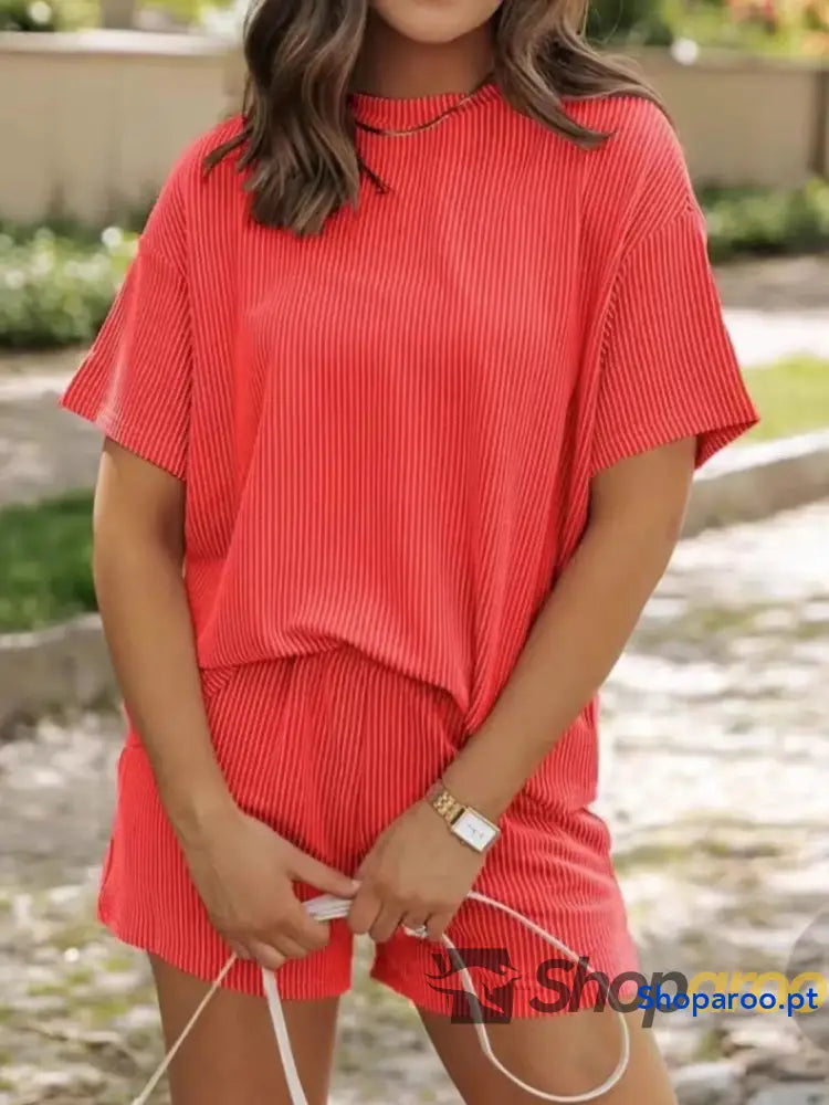 Conjunto de duas peças blusa e calções manga curta canelados tamanho grande plus size