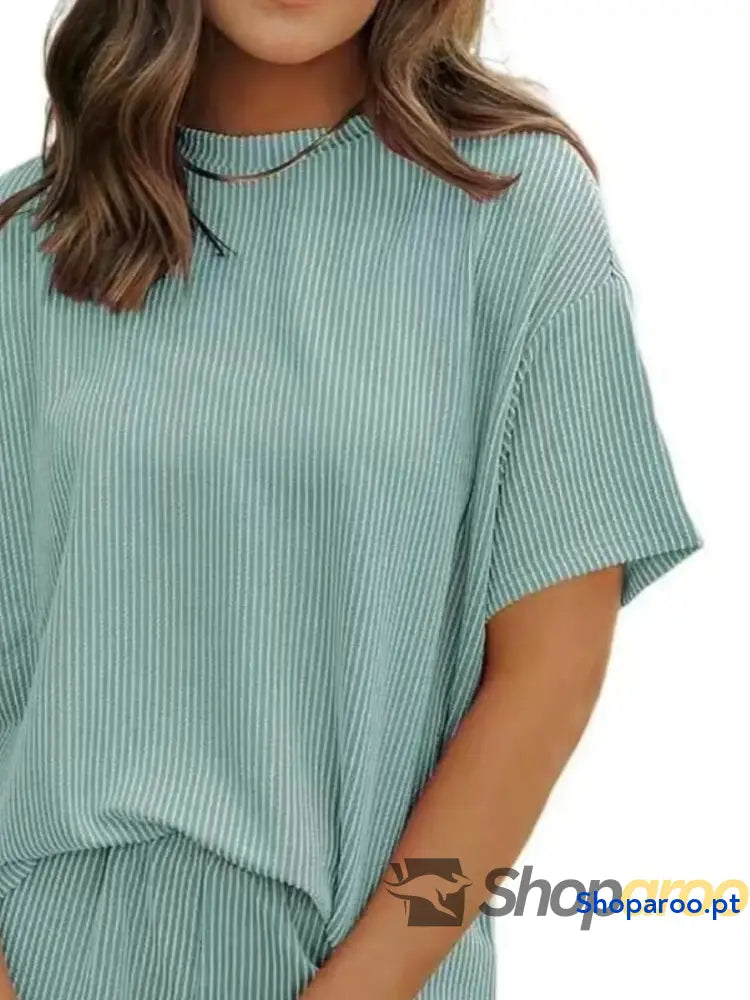 Conjunto de duas peças blusa e calções manga curta canelados tamanho grande plus size