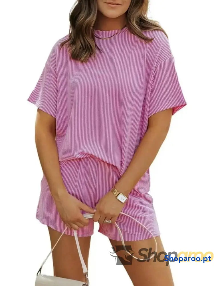 Conjunto de duas peças blusa e calções manga curta canelados tamanho grande plus size