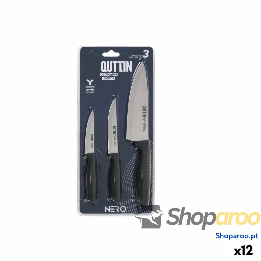 Conjunto de Facas Quttin Nero Preto Prateado 3 Peças (12 Unidades)