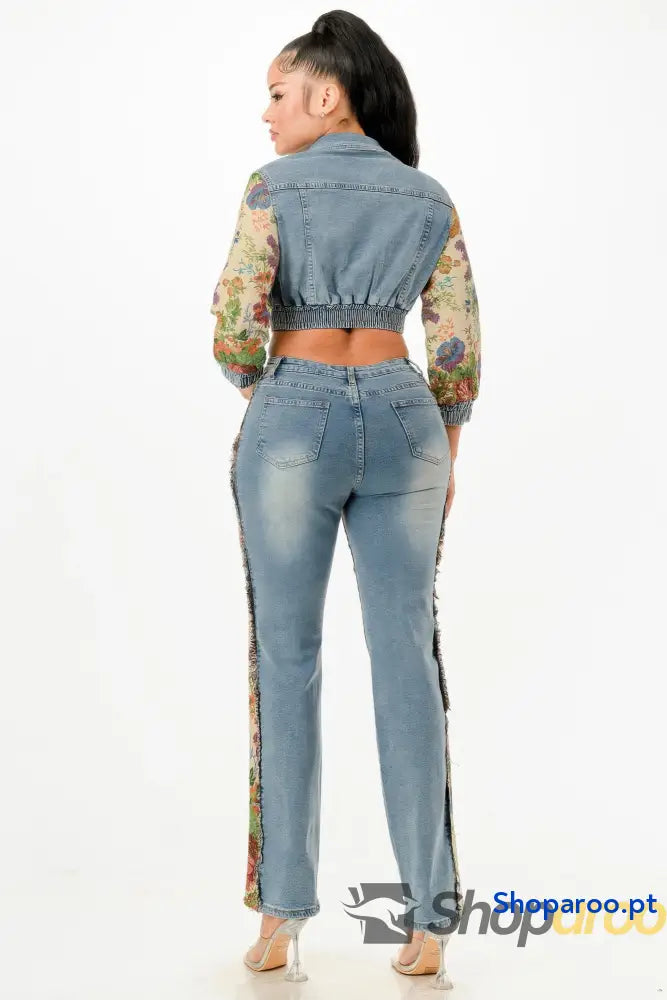 Conjunto de ganga direitas cintura alta com detalhes desgastados