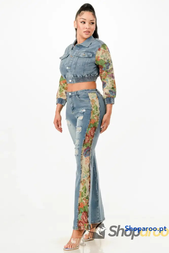 Conjunto de ganga direitas cintura alta com detalhes desgastados