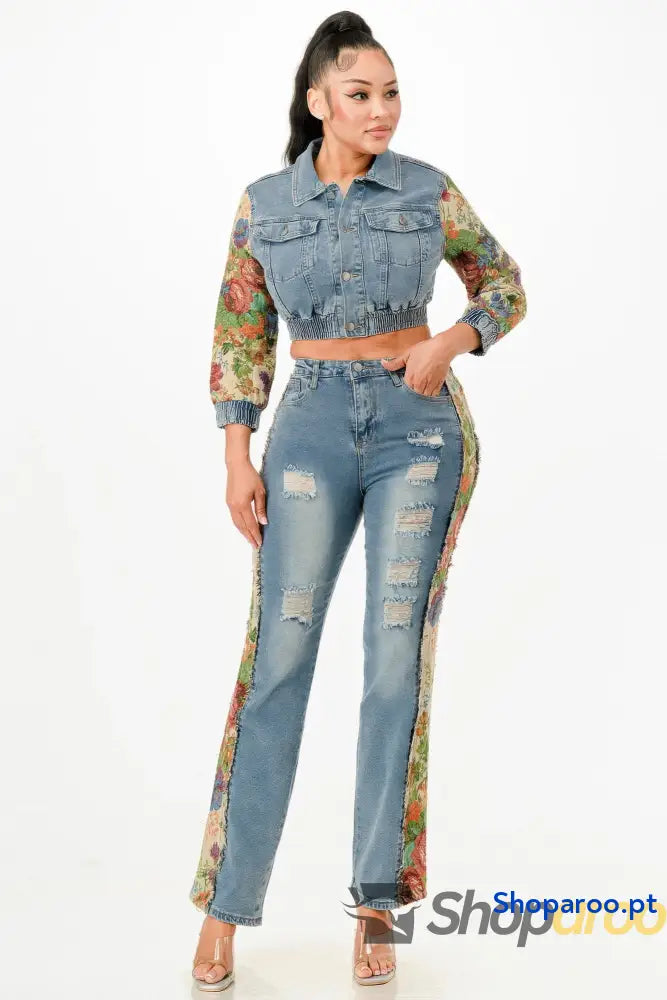 Conjunto de ganga direitas cintura alta com detalhes desgastados