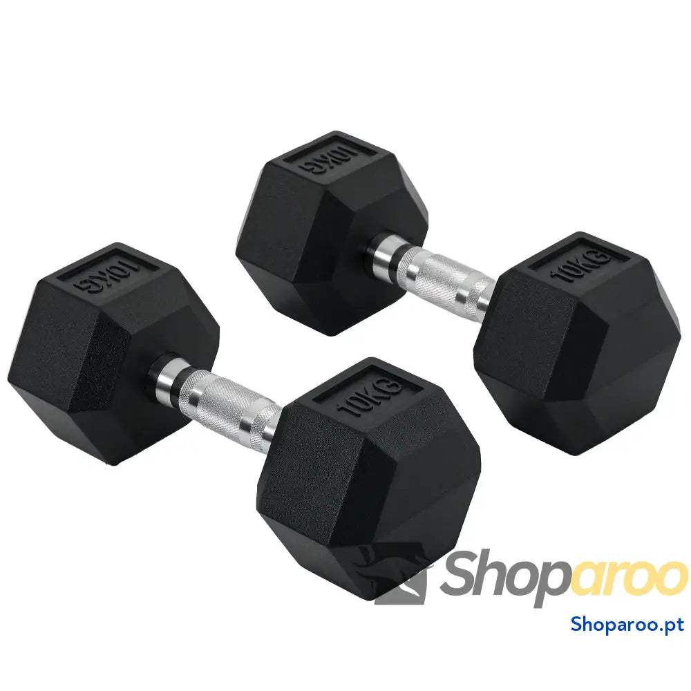 Conjunto de Halteres Hexagonal 20 kg com Barra Metálica Preto e Prata