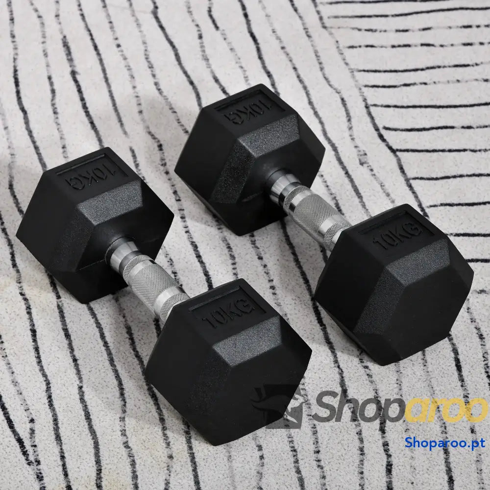 Conjunto de Halteres Hexagonal 20 kg com Barra Metálica Preto e Prata