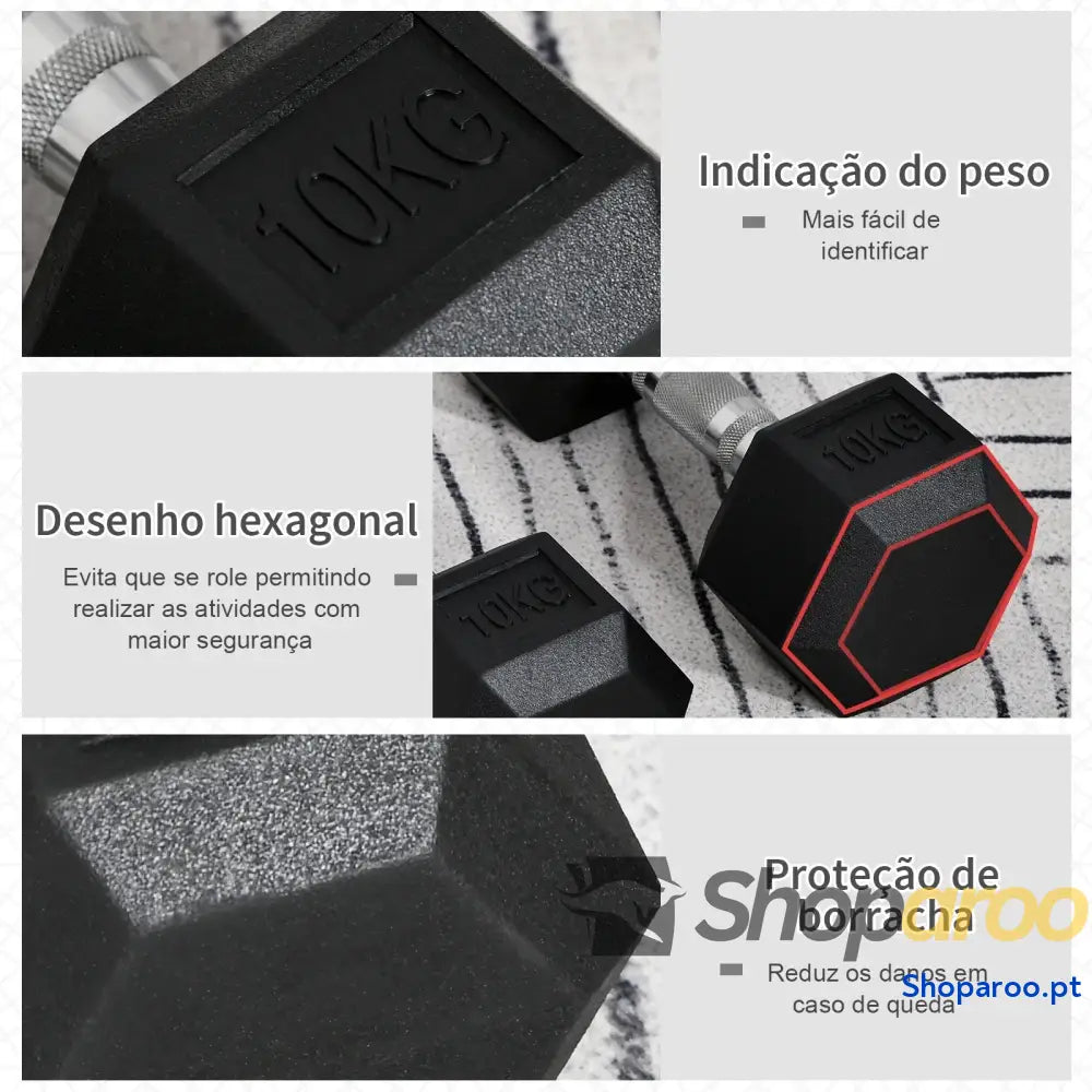 Conjunto de Halteres Hexagonal 20 kg com Barra Metálica Preto e Prata