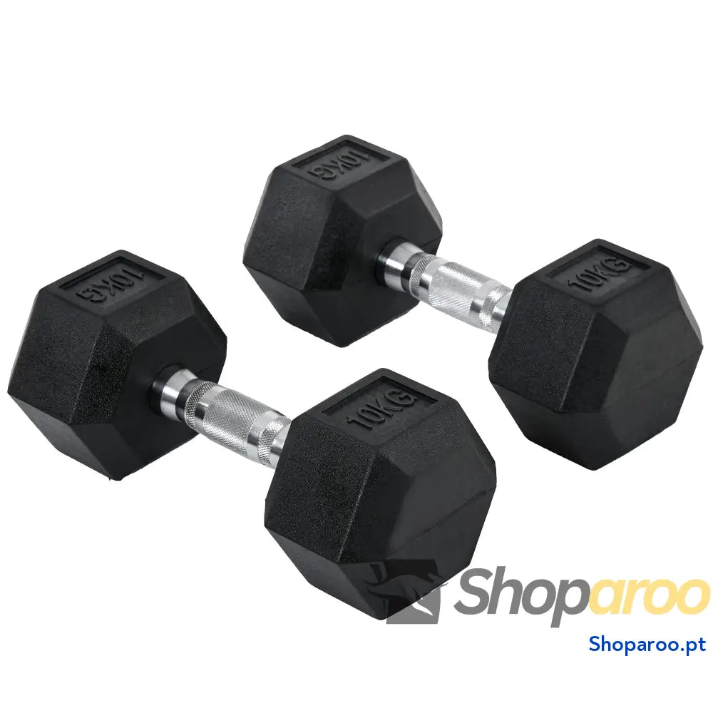 Conjunto de Halteres Hexagonal 20 kg com Barra Metálica Preto e Prata