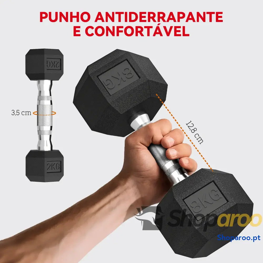 Conjunto de Halteres Hexagonais com Suporte 6 Peças Borracha