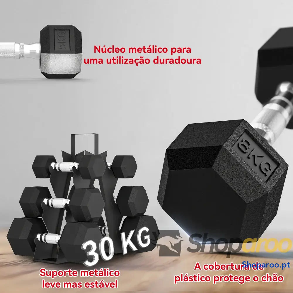 Conjunto de Halteres Hexagonais com Suporte 6 Peças Borracha