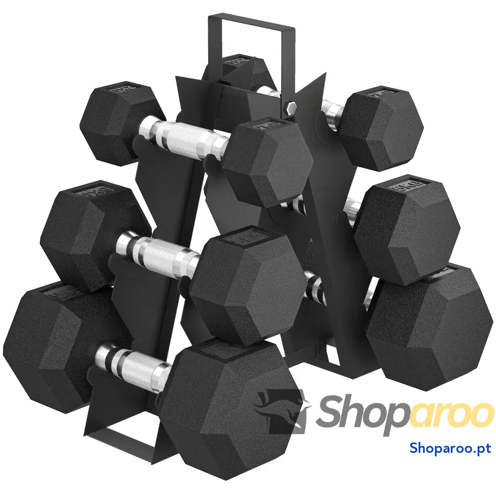 Conjunto de Halteres Hexagonais com Suporte 6 Peças Borracha