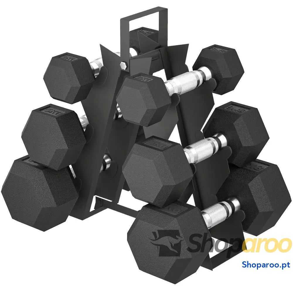 Conjunto de Halteres Hexagonais com Suporte 6 Peças Borracha