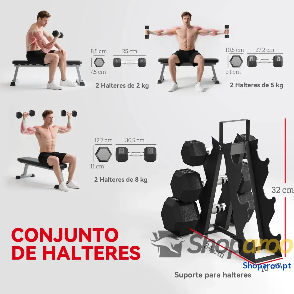 Conjunto de Halteres Hexagonais com Suporte 6 Peças Borracha