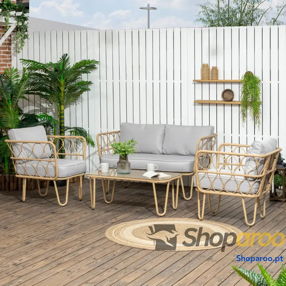 Conjunto de Jardim de 4 Peças em Vime Sintético com 2 Poltronas 1 Sofá de 2 Lugares 1 Mesa e Almofadas Natural e Cinza
