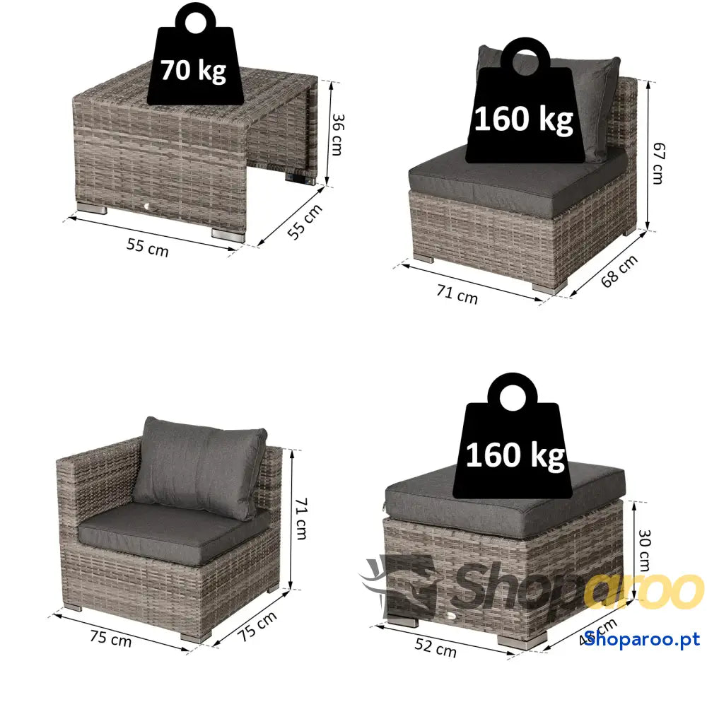 Conjunto de Jardim 8 Peças Vime com 2 Mesas Centro Poltronas e Apoio para os Pés Marrom Cinza