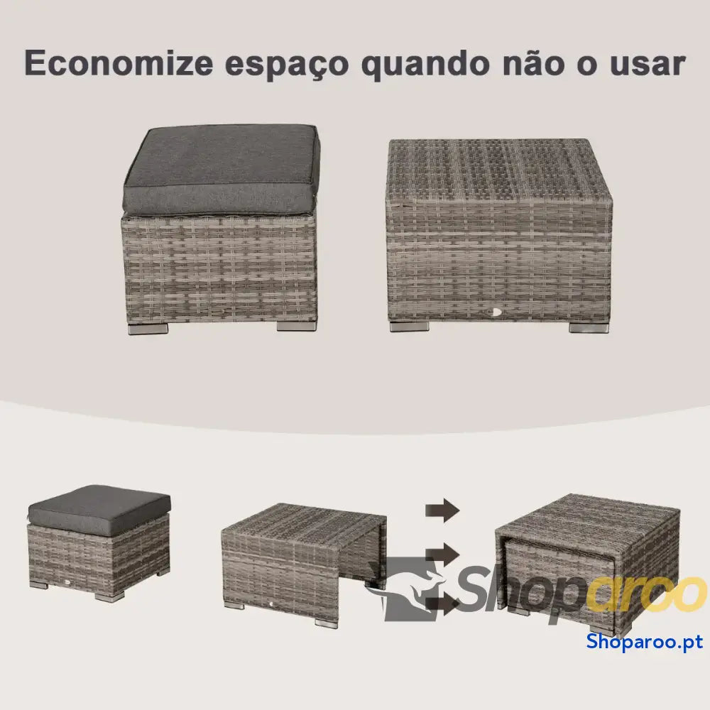 Conjunto de Jardim 8 Peças Vime com 2 Mesas Centro Poltronas e Apoio para os Pés Marrom Cinza