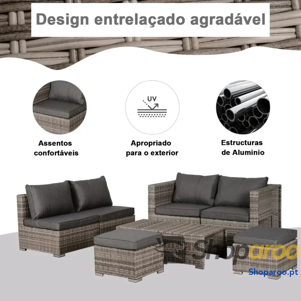 Conjunto de Jardim 8 Peças Vime com 2 Mesas Centro Poltronas e Apoio para os Pés Marrom Cinza