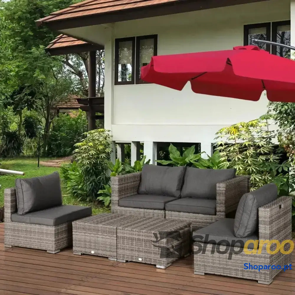 Conjunto de Jardim 8 Peças Vime com 2 Mesas Centro Poltronas e Apoio para os Pés Marrom Cinza