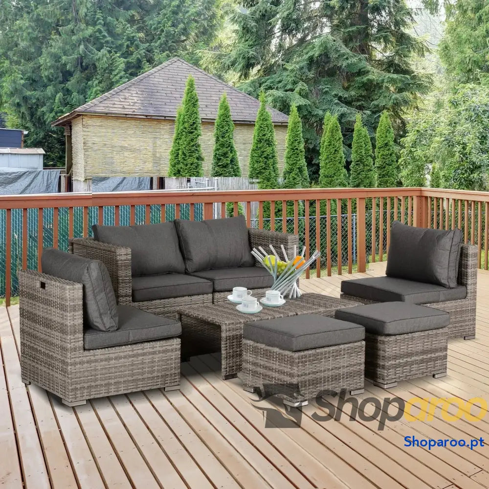 Conjunto de Jardim 8 Peças Vime com 2 Mesas Centro Poltronas e Apoio para os Pés Marrom Cinza
