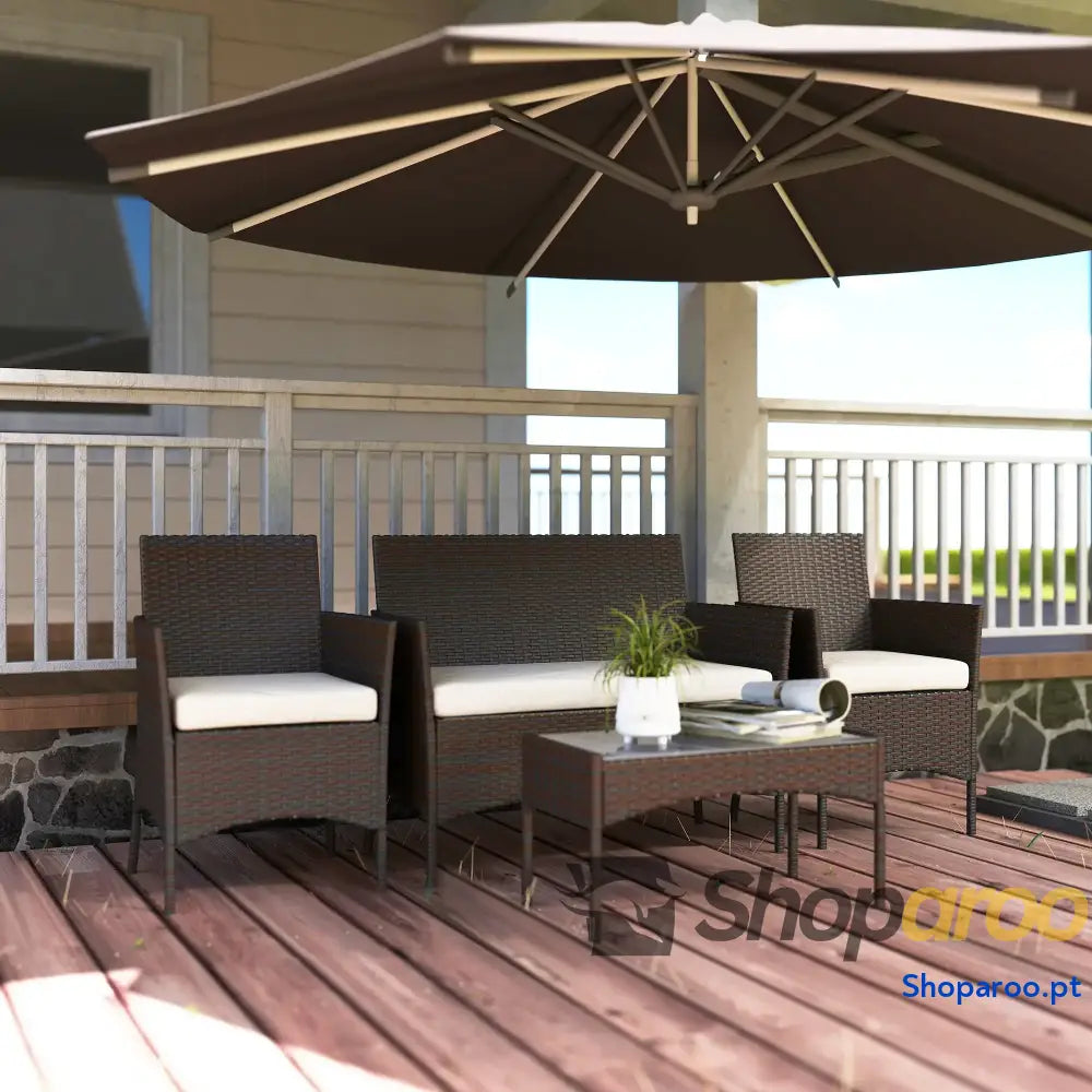 Conjunto de Jardim em Vime com Almofadas Móveis Exterior 2 Poltronas Sofá Lugares Mesa Vidro Marrom e Bege