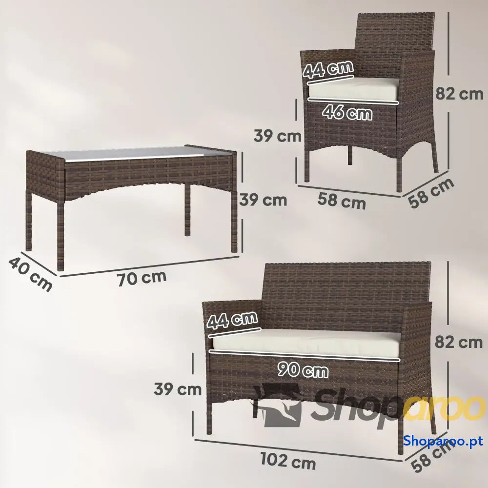 Conjunto de Jardim em Vime com Almofadas Móveis Exterior 2 Poltronas Sofá Lugares Mesa Vidro Marrom e Bege